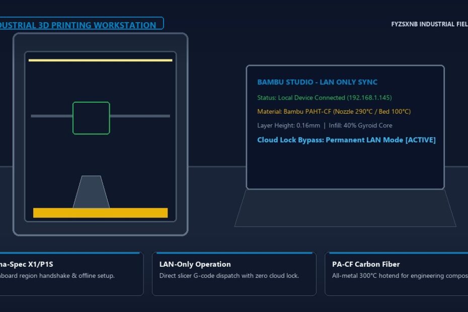 Engineering studio scene of Bambu Lab 3D printer running carbon fiber print with laptop slicer in LAN mode