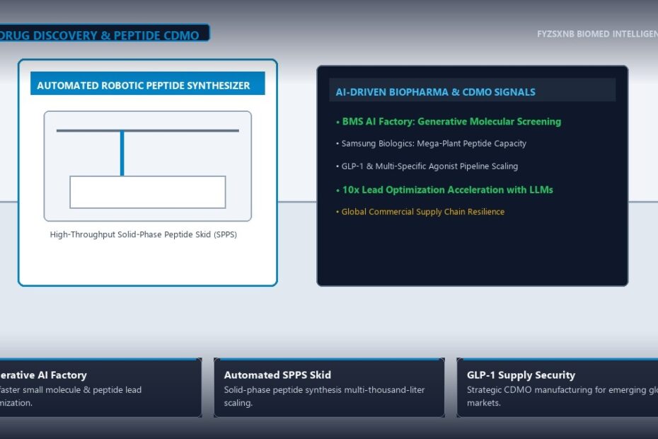 Automated biopharma laboratory with robotic liquid handling gantry, high-throughput peptide synthesis skid, and AI discovery pipeline