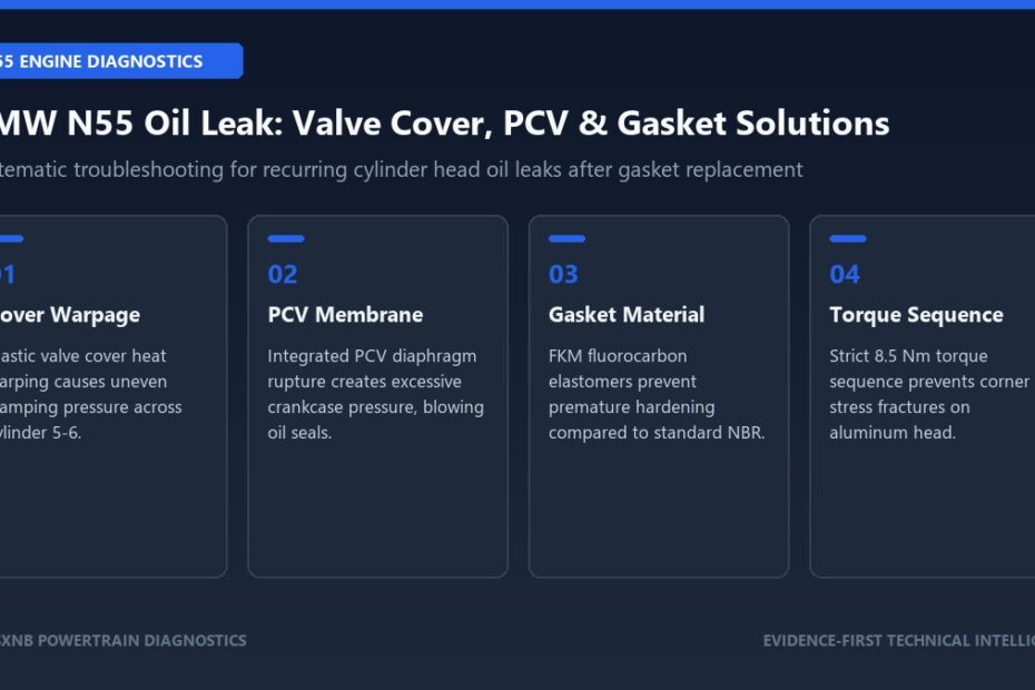 Diagnostic roadmap for BMW N55 recurring valve cover oil leaks, PCV membrane failure, and FKM gaskets