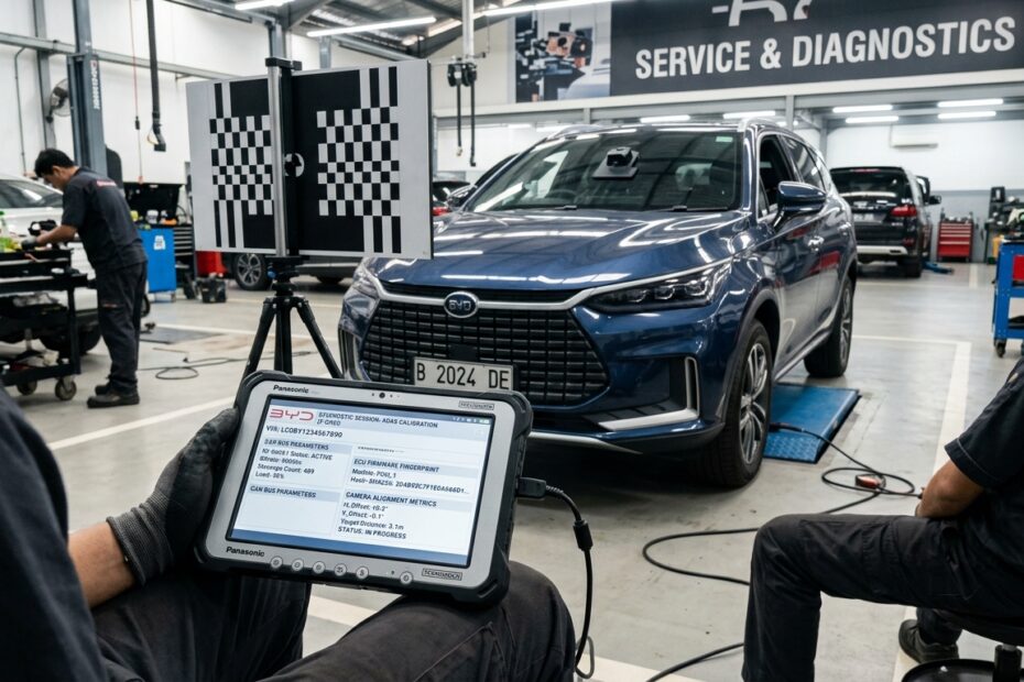 Automotive service bay with ADAS camera calibration board and diagnostic tablet checking BYD ECU firmware