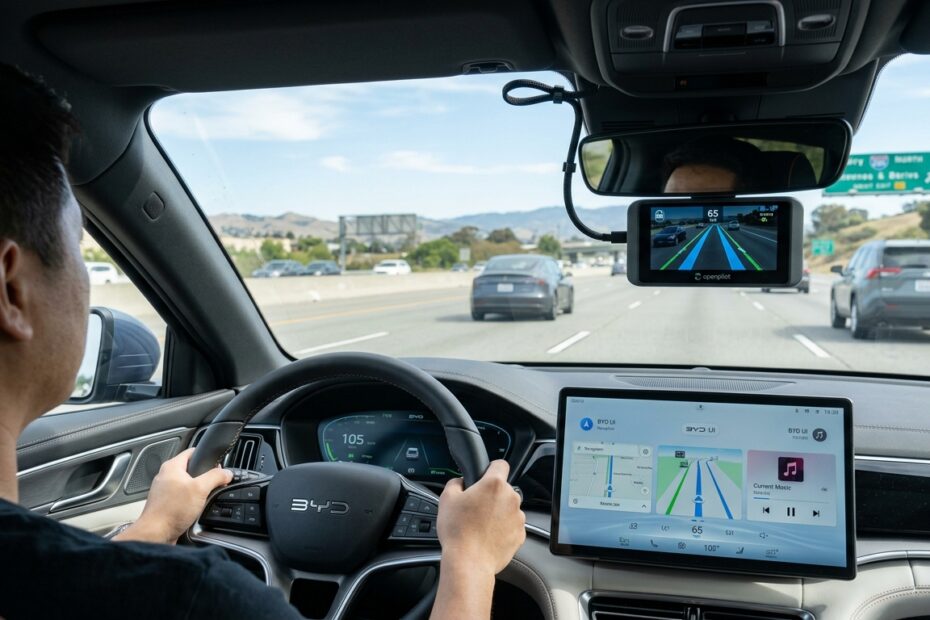 BYD Frigate 07 highway driving cockpit with mounted Openpilot hardware showing lane trajectory telemetry