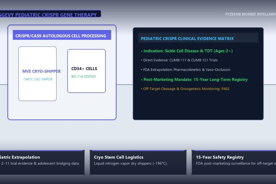 CRISPR gene editing cleanroom with LN2 cryo-shipper, autologous CD34+ cell bags, and pediatric clinical trial registry matrix