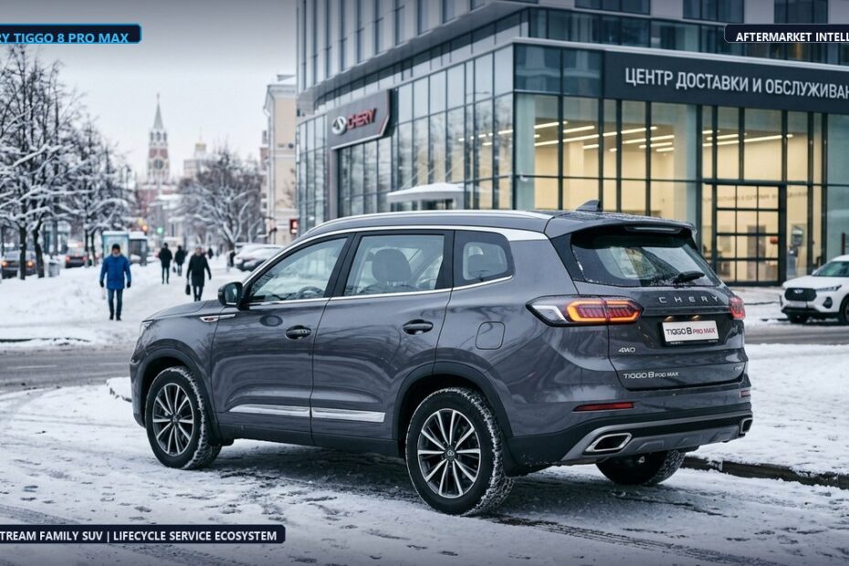 Chery Tiggo 8 Pro Max 7-seat family crossover SUV in Russian winter setting with modern automotive service and delivery center