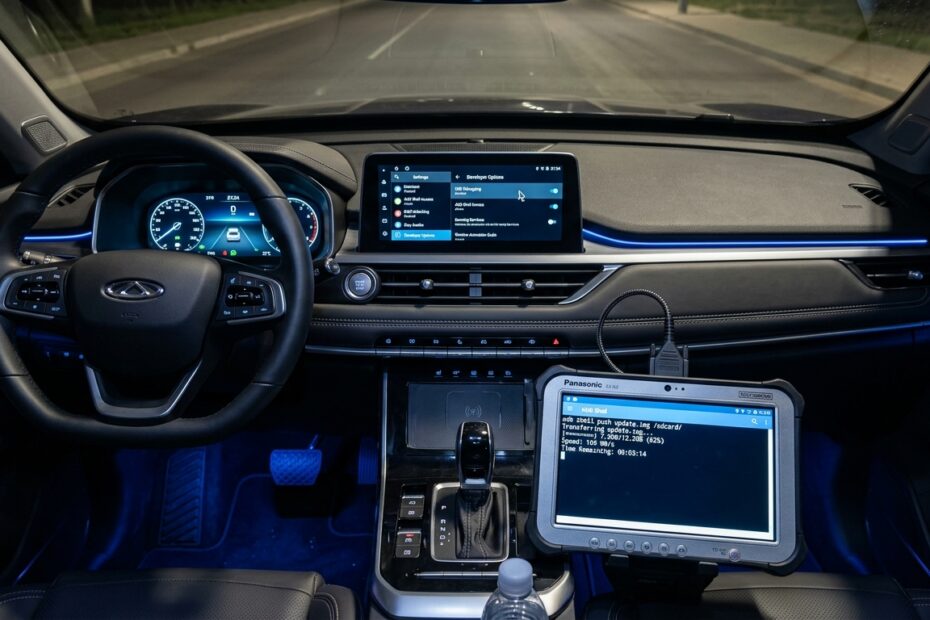 Chery Tiggo 8 Pro dashboard touchscreen with developer options connected to ADB field diagnostic tablet