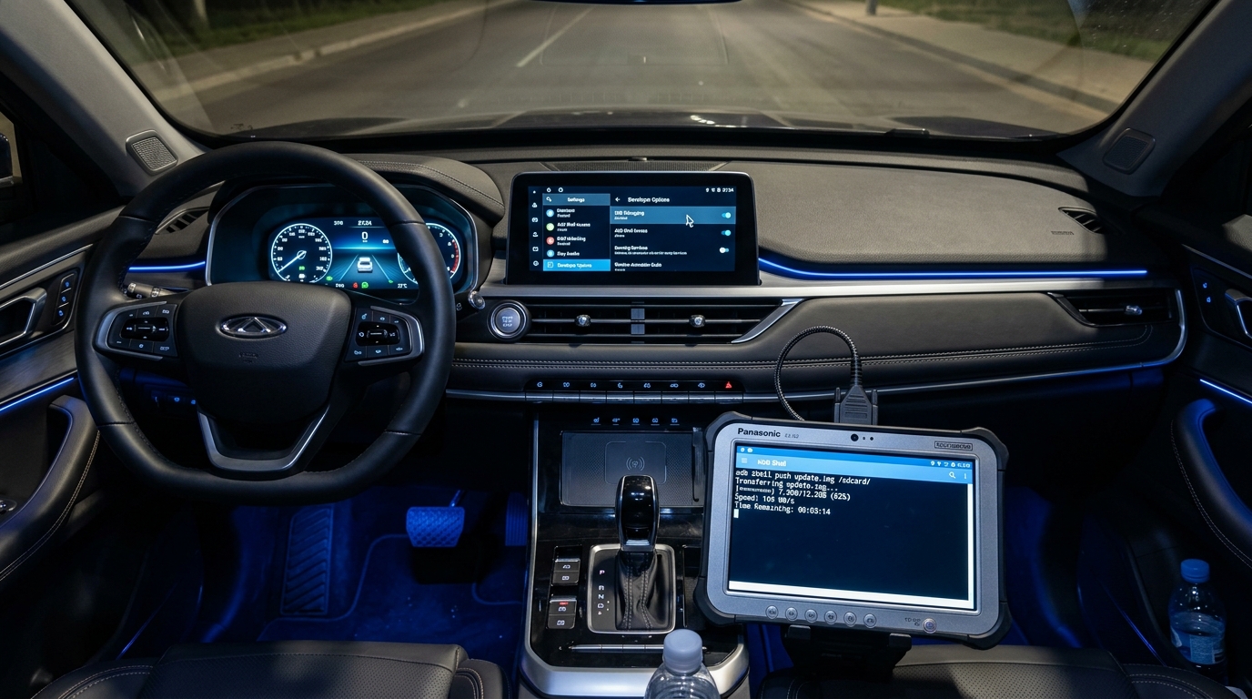 Automotive diagnostic computer connected via ADB and OBD-II port for vehicle firmware modification