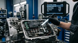 Disassembled DQ381 dual-clutch transmission mechatronics under inspection with diagnostic pressure readout