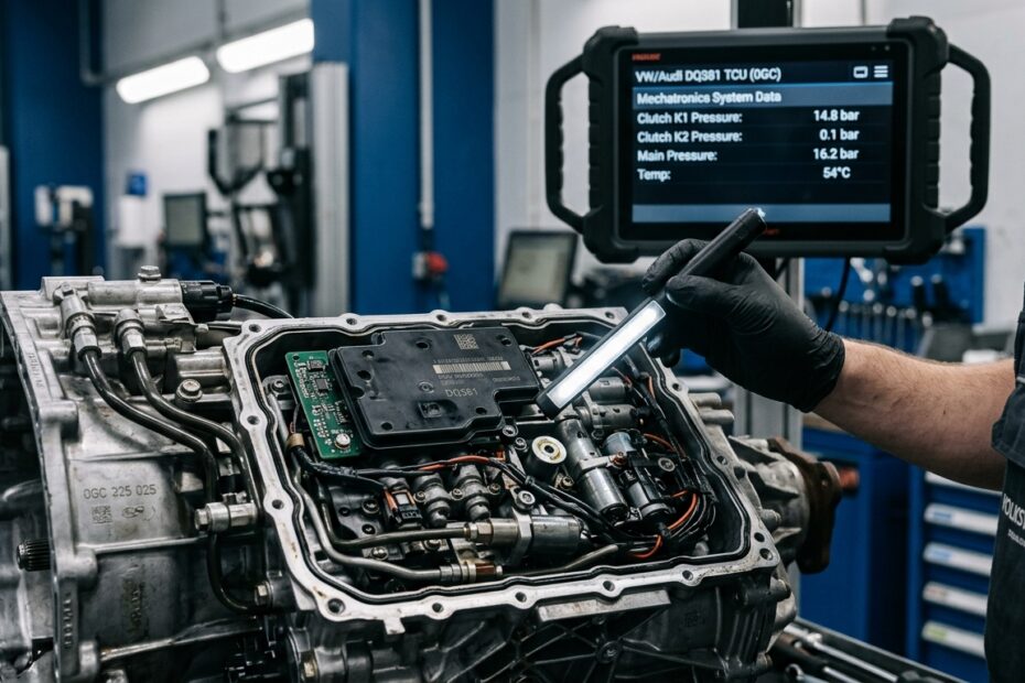 Disassembled DQ381 dual-clutch transmission mechatronics under inspection with diagnostic pressure readout