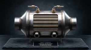 Gasoline particulate filter cutaway showing ceramic honeycomb substrate and differential pressure ports
