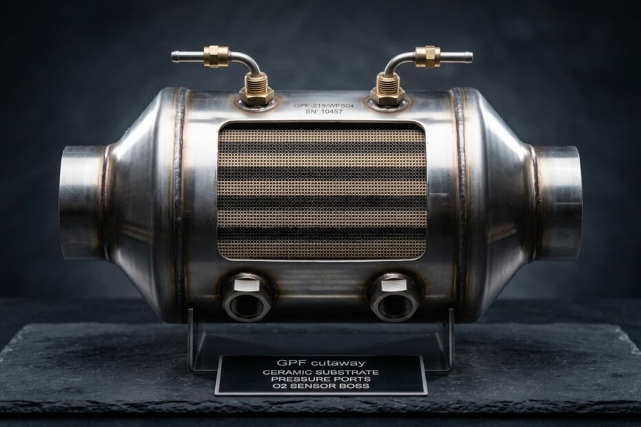 Gasoline particulate filter cutaway showing ceramic honeycomb substrate and differential pressure ports
