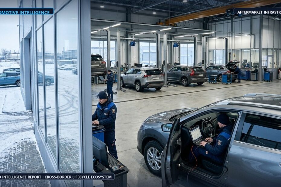 Modern cross-border automotive diagnostic and service center in Russian winter setting