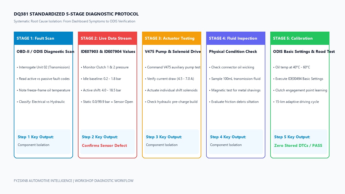 DQ381 5-Step Diagnostic Protocol and Data Stream Decision Flow