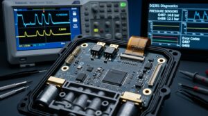 DQ381 transmission mechatronics electronic control board under micro-soldering inspection with oscilloscope
