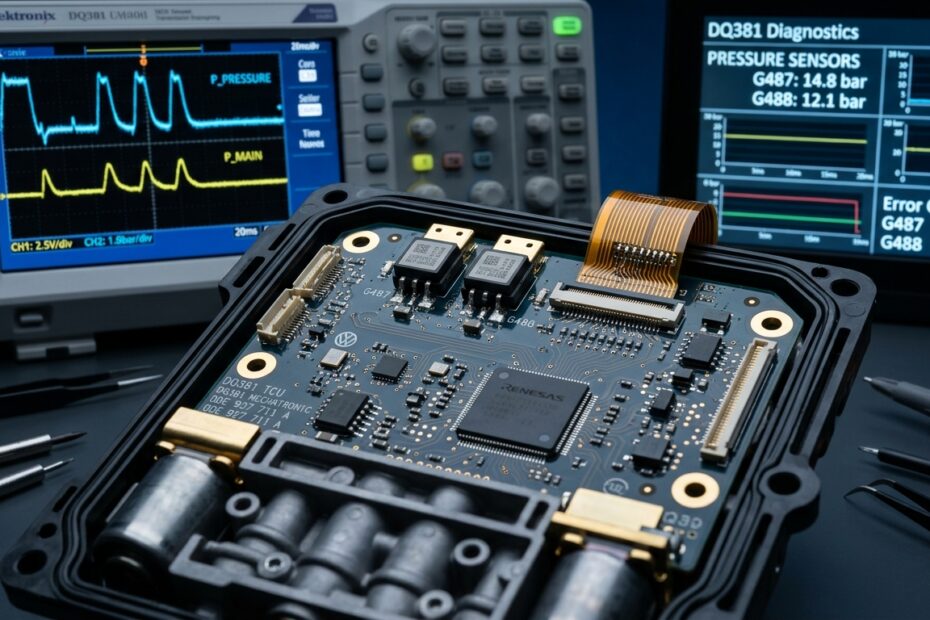 DQ381 transmission mechatronics electronic control board under micro-soldering inspection with oscilloscope