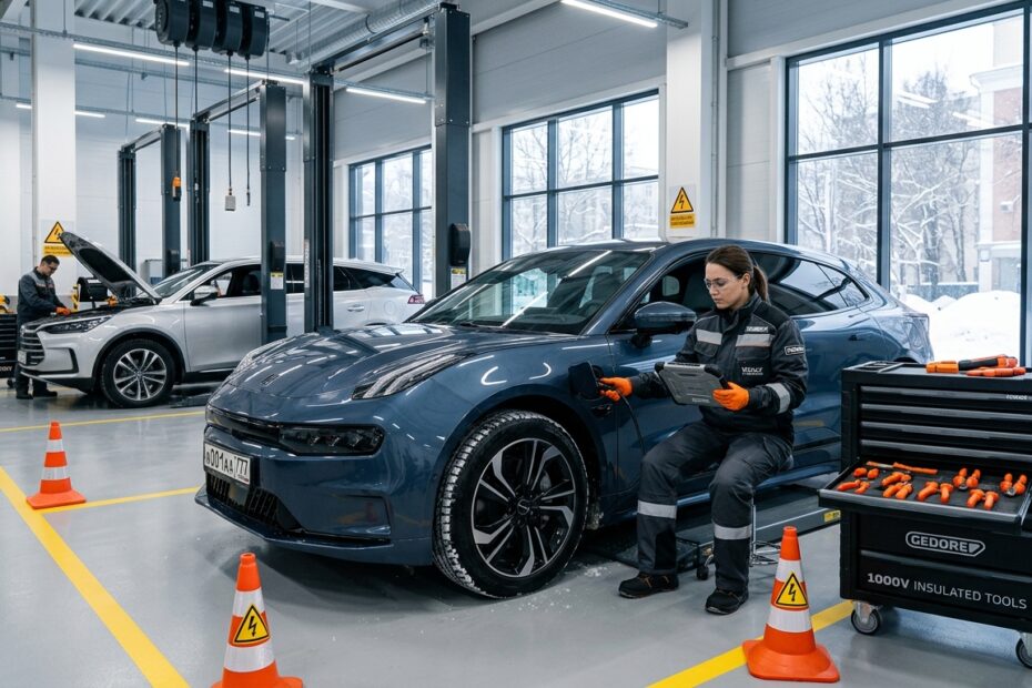 Modern high-voltage electric vehicle diagnostic workshop in Russia with certified technician and specialized diagnostic tablet
