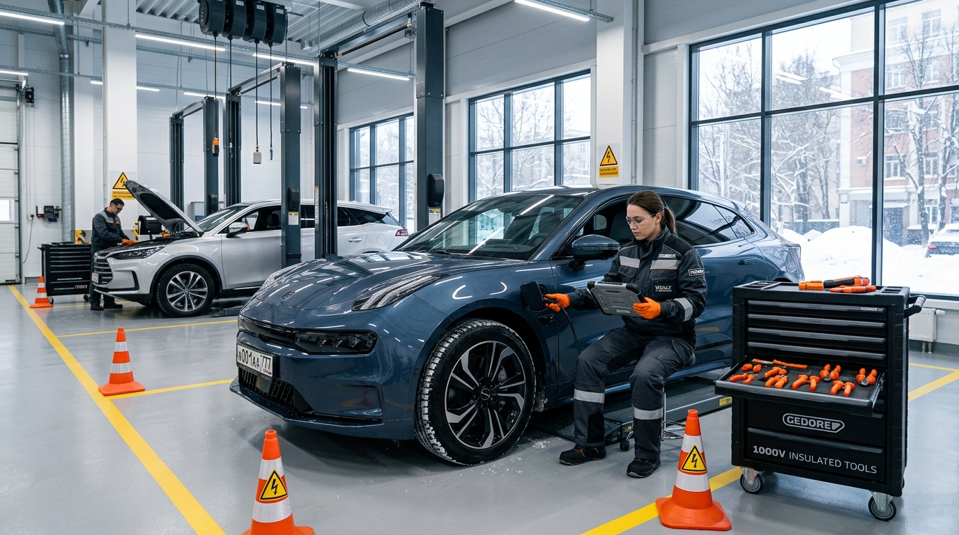 Modern high-voltage electric vehicle diagnostic workshop in Russia with certified technician and specialized diagnostic tablet