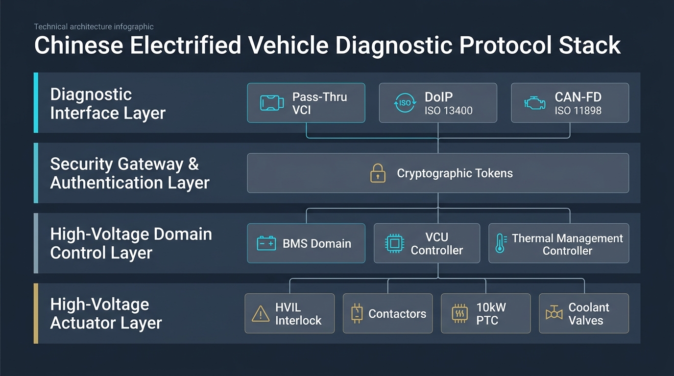 Infographic diagram of Chinese EV diagnostic protocol stack including DoIP, CAN-FD, security gateway, and BMS domain controller