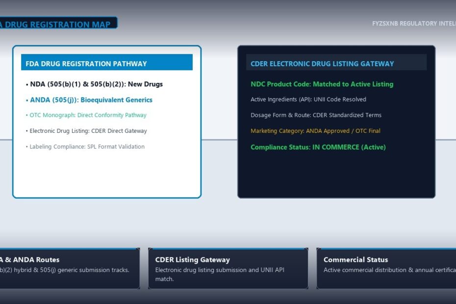 Pharmaceutical regulatory office scene with FDA drug registration pathway roadmap, CDER electronic listing gateway, and ANDA approval flow