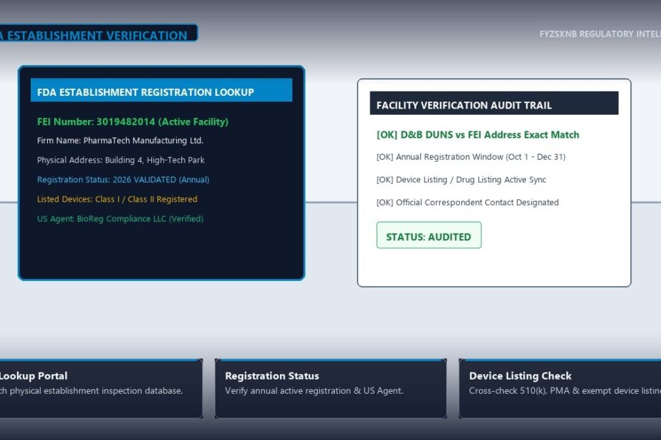 Regulatory compliance office scene with FDA Establishment Registration database search, FEI number verification, and device listing status