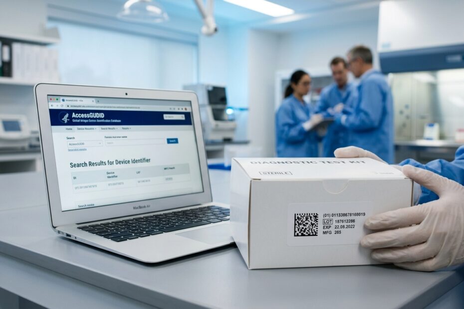 Clinical diagnostic test kit with 2D DataMatrix UDI barcode next to laptop with FDA AccessGUDID database