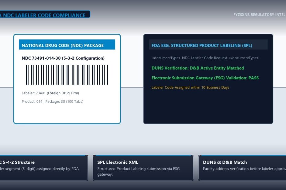 Pharmaceutical packaging scene with NDC 10/11-digit barcode, FDA Structured Product Labeling (SPL) gateway, and DUNS verification