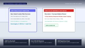 International cGMP cleanroom inspection scene with auditor checklist, Form FDA 483 response timeline, and CAPA remediation matrix