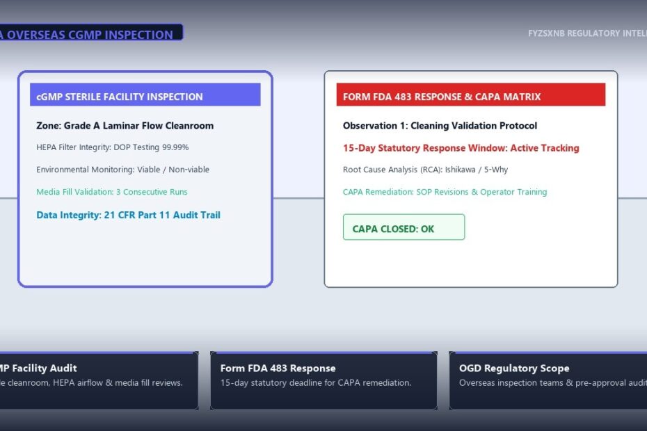 International cGMP cleanroom inspection scene with auditor checklist, Form FDA 483 response timeline, and CAPA remediation matrix