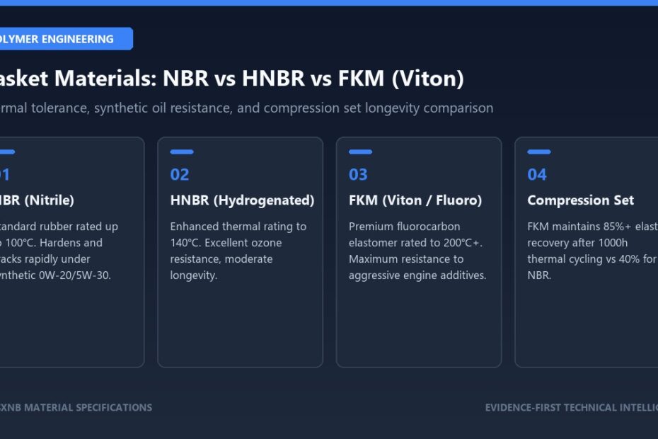 Engineering comparison chart of NBR, HNBR, and FKM Viton gasket materials for automotive engine sealing