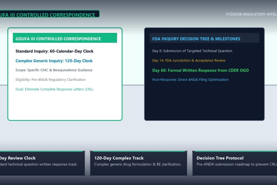 Generic drug R&D strategy meeting with GDUFA III 60/120-day review clock timeline and controlled correspondence decision tree