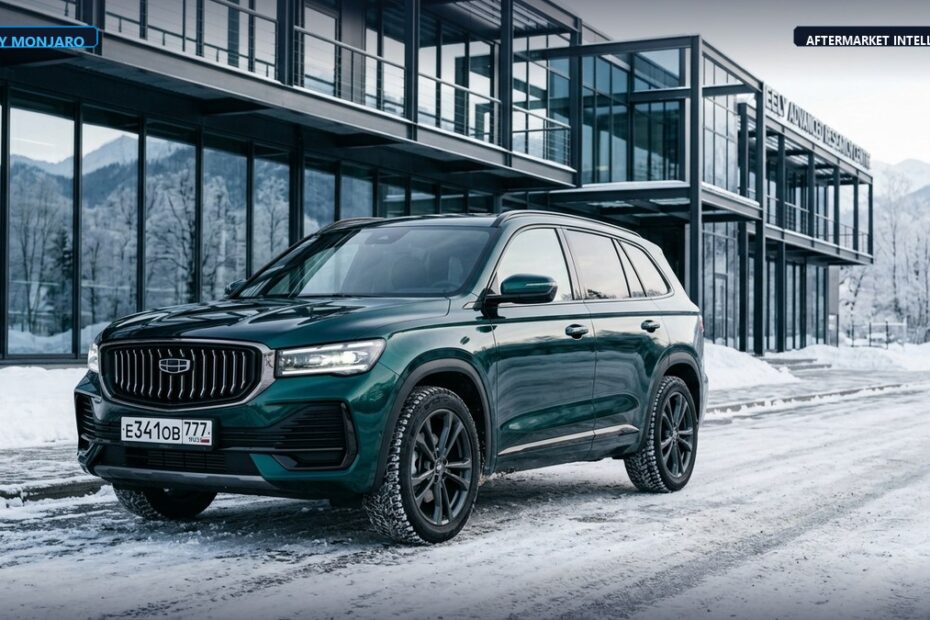 Geely Monjaro premium crossover SUV in Russian winter setting with modern automotive technical center