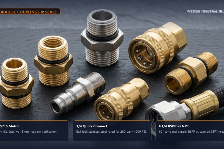 Workshop workbench scene of M22x1.5 high pressure hose fittings, quick-disconnect couplers, and plunger pump
