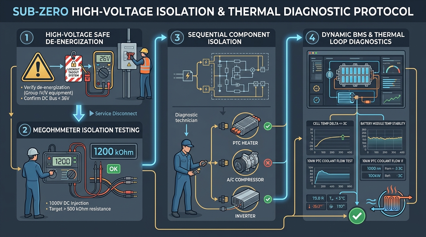 Flowchart diagram illustrating high-voltage de-energization, 1000V megohmmeter testing, and PTC thermal loop diagnostics