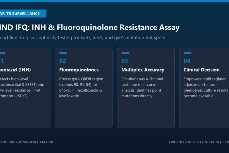 Molecular assay architecture for iFIND IFQ: isoniazid and fluoroquinolone resistance gene targets