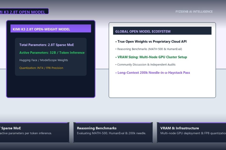 AI engineering workstation featuring Kimi K3 2.8T open-weight model architecture, GPU VRAM requirements, and reasoning benchmarks