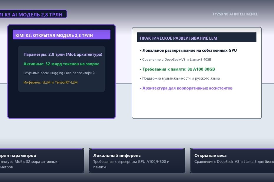 Серверное рабочее место ИИ с архитектурой Kimi K3 2.8T MoE, открытыми весами и требованиями к аппаратному обеспечению