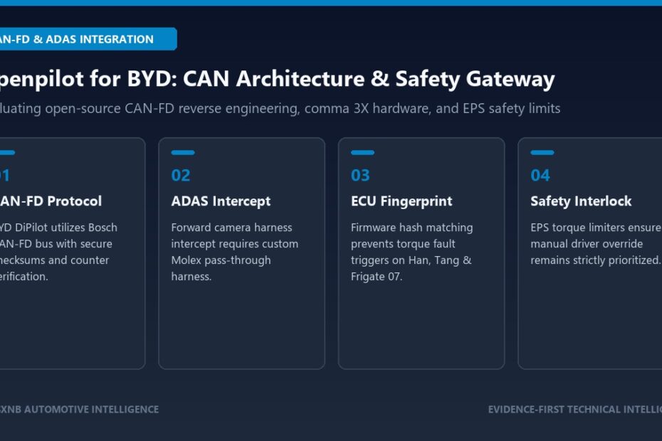 Technical architecture infographic of Openpilot CAN-FD adaptation and ADAS camera interface on BYD
