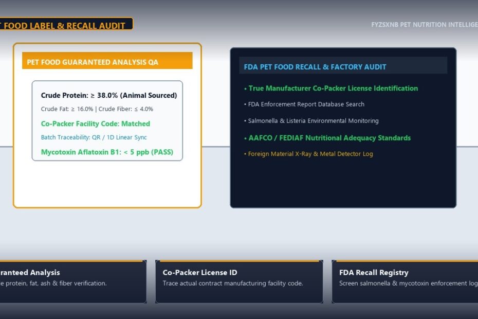 Pet food QA laboratory scene with nutritional guaranteed analysis breakdown, optical barcode scanner, and FDA recall database audit