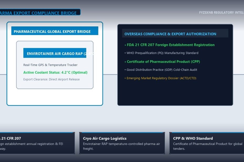 Pharma export logistics hub with temperature-controlled air cargo containers, FDA 21 CFR 207 foreign establishment dossier, and WHO standard CPPs