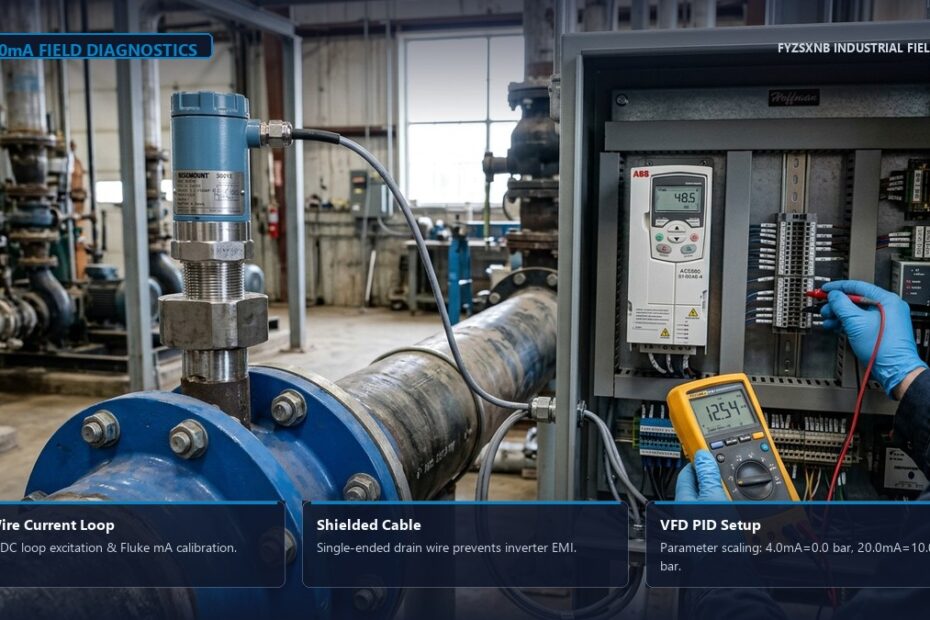 Industrial field scene of 4-20mA pressure transmitter on pipe with Fluke multimeter and open VFD control cabinet