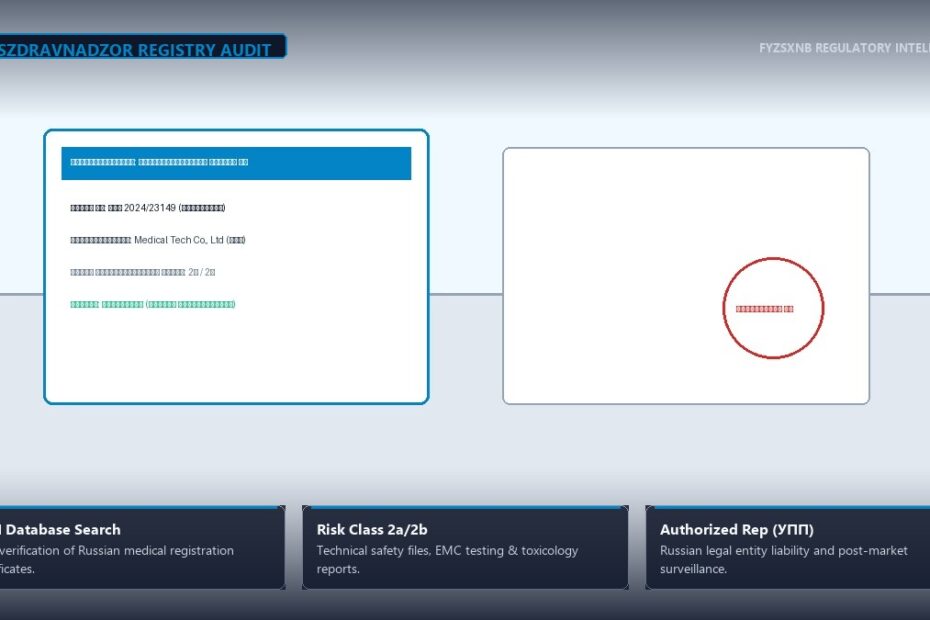 Regulatory audit scene with Roszdravnadzor official medical device registry portal, registration certificate RU, and technical file