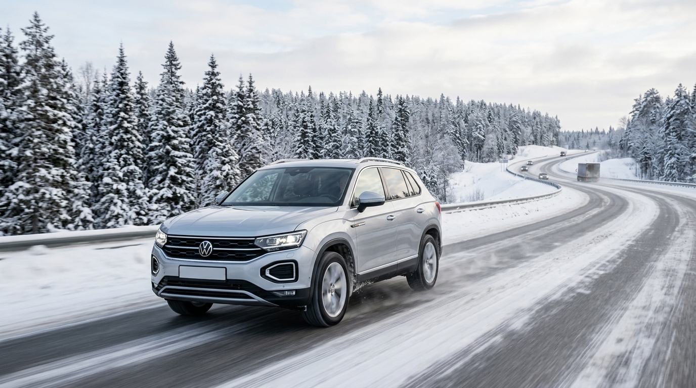 Volkswagen Tayron на заснеженной трассе в зимних условиях России