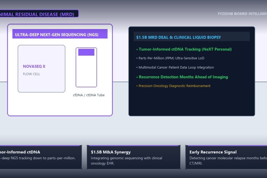 Clinical oncology genomics lab with NovaSeq ultra-deep sequencer, ctDNA blood collection tube, and Tempus-Personalis MRD deal matrix