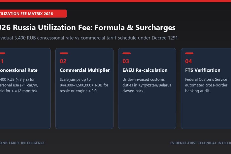 Infographic breakdown of 2026 Russian vehicle utilization fee (утильсбор) under Government Decree 1291