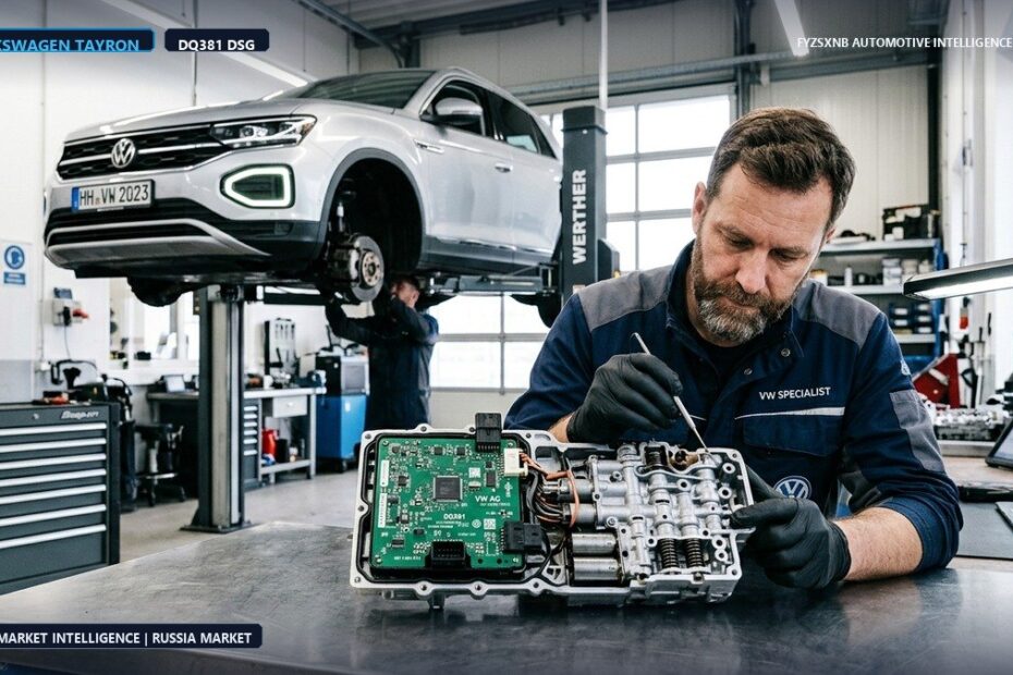 Volkswagen Tayron on lift with mechanic inspecting disassembled DQ381 DSG mechatronic valve body assembly in modern workshop