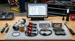 Volkswagen OEM replacement parts arranged on engineering grid mat with electronic parts catalog tablet