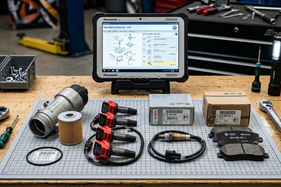 Volkswagen OEM replacement parts arranged on engineering grid mat with electronic parts catalog tablet