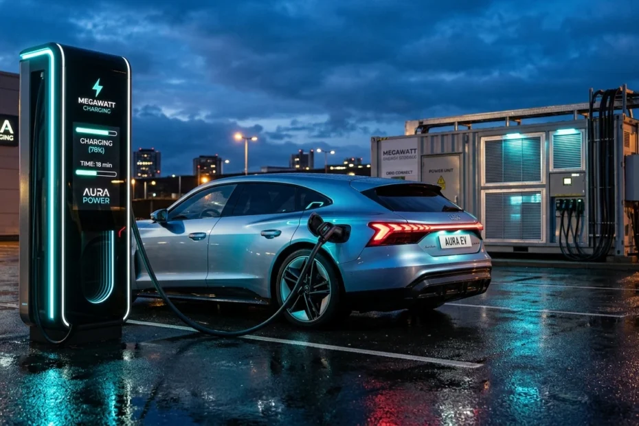 Commercial automotive photography of a high-performance electric shooting brake sedan charging at an ultra-modern megawatt fast charging hub with stationary storage buffer unit at twilight.