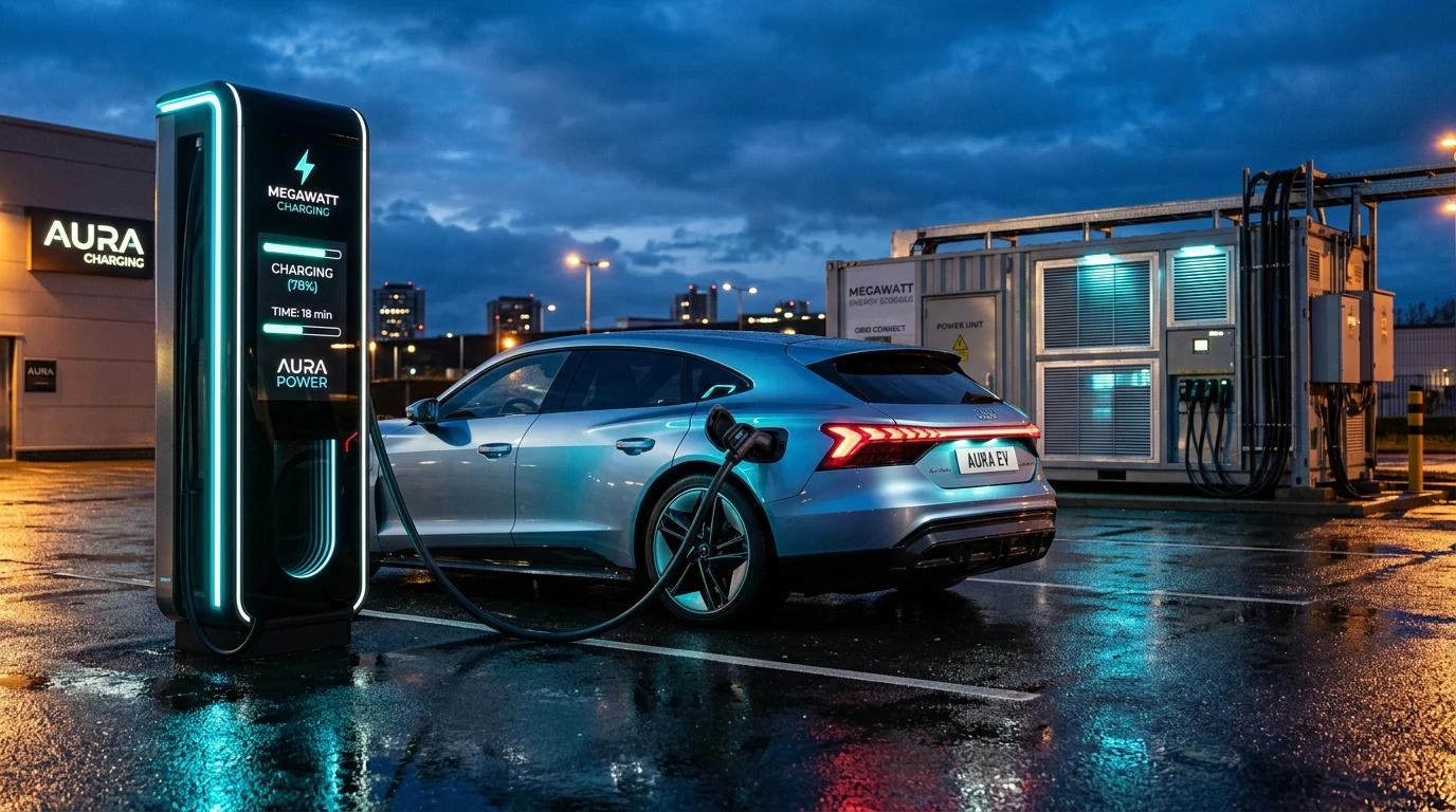 Isometric visualization of an electric vehicle chassis with glowing cyan energy streams connected to a high-power charging terminal, battery storage buffer, and power grid.