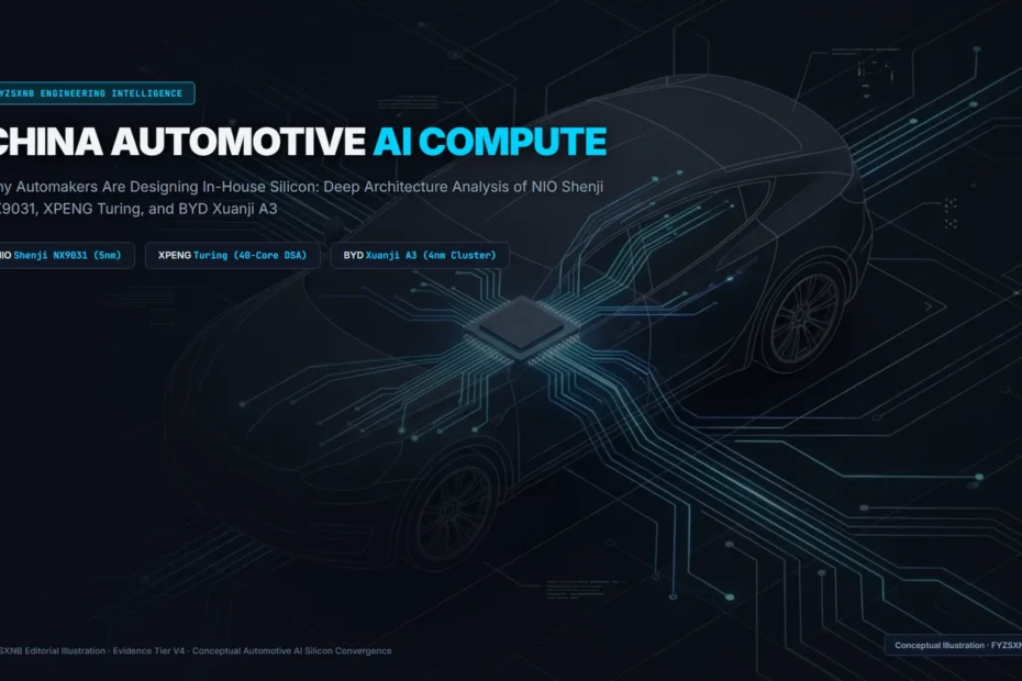 Abstract isometric visualization of an unbranded electric vehicle chassis with glowing cyan data buses converging on an automotive AI computing processor.