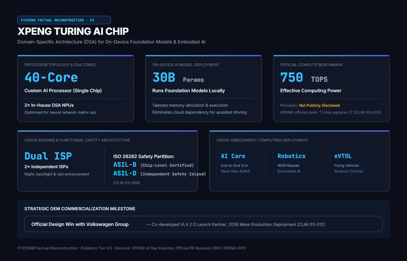 Specification card for XPENG Turing AI Chip highlighting 40-core custom AI processor, 2 DSA NPUs, 30B on-device model capacity, 750 TOPS Effective Compute, and Volkswagen OEM design win.