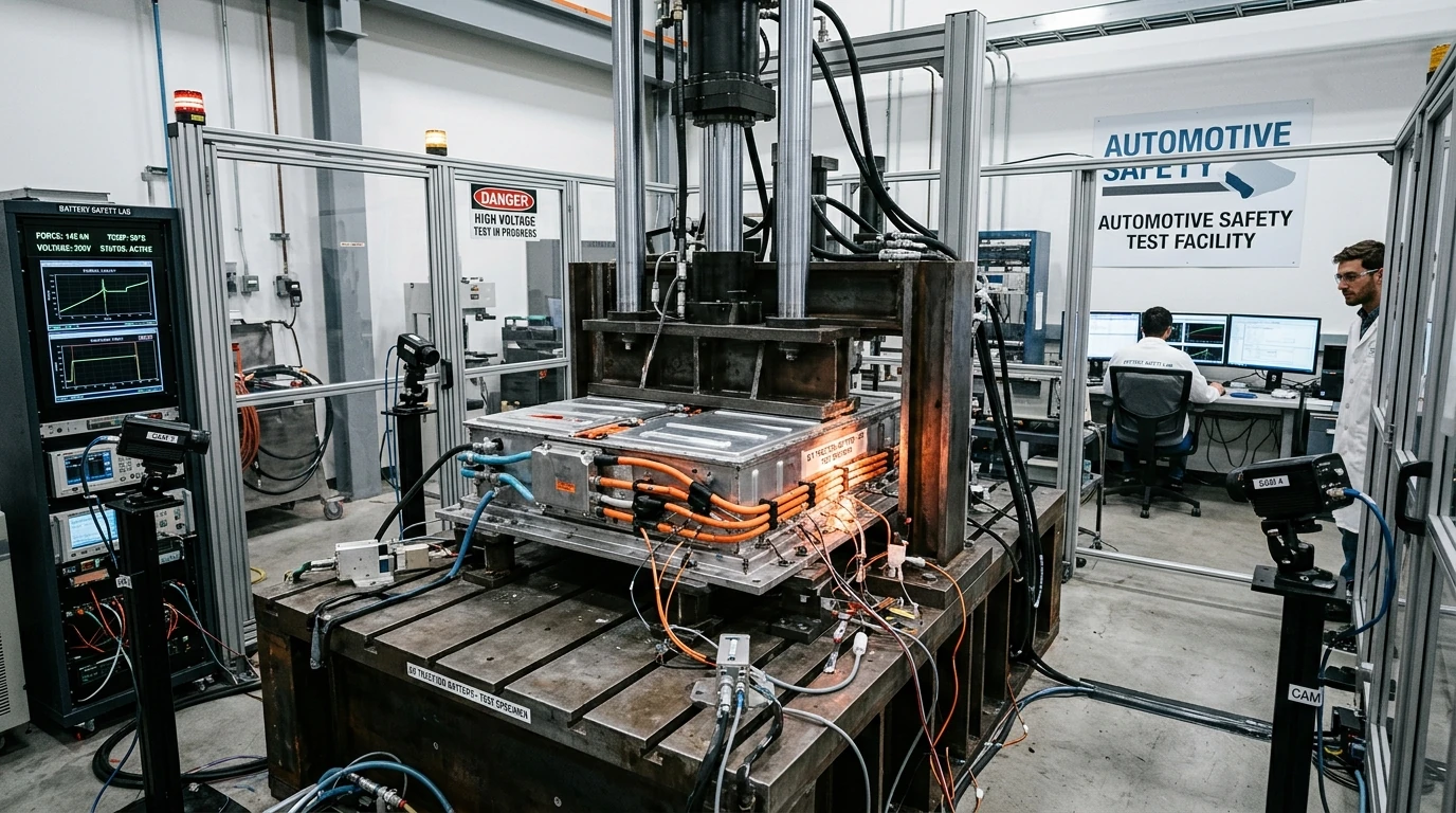 Safety test benchmark card showing simultaneous nail penetration after 500 FLASH cycles, 10x national standard bottom impact, and 4-cell simultaneous short-circuit above 700°C with no fire or explosion.